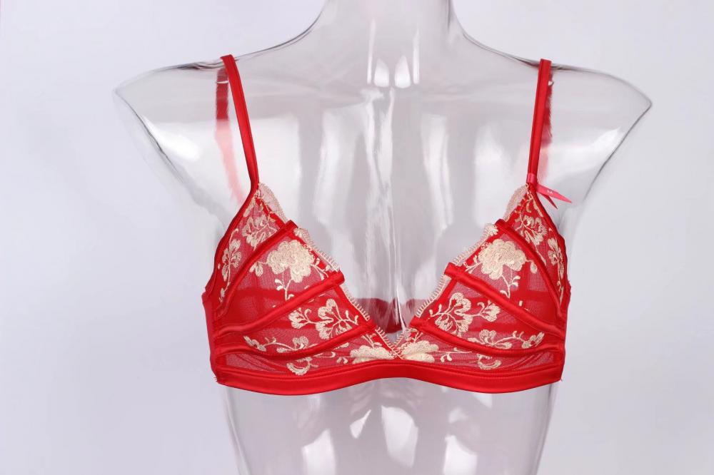 Gloden Flower Embroidery Wire Free Red Bra