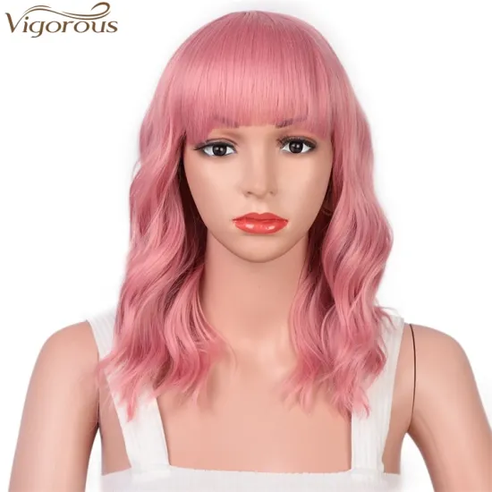 Vigorous 14 inches Natural Wave Pink Color Wig with Neat Bangs Synthetic Short Wigs for Black Women Heat Resistant Fiber Hair