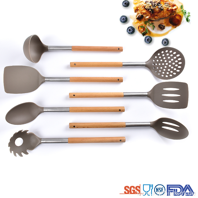 nylon cooking kitchen utensil set with natural wood