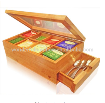 Best Bamboo Tea Box Natural Chest with Clear Hinged Lid, 8 Storage Sections with Expandable Drawer