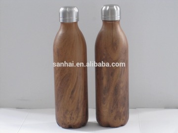 Double wall stainless steel wood grain printing thermos,Wooden pattern insulated soda drink bottle