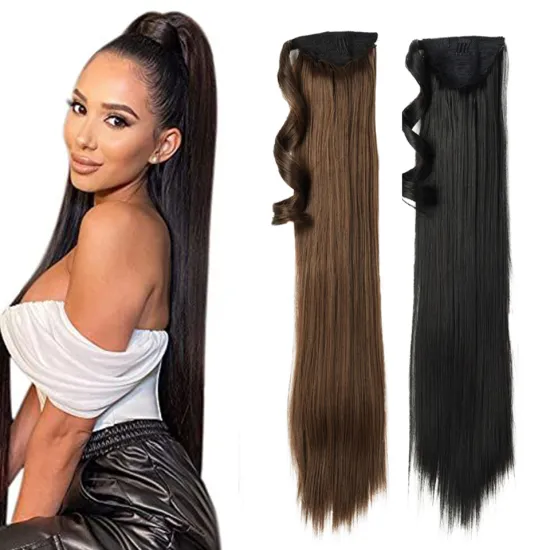 Wholesale 24 inch Black Long Straight Drawstring Ponytail Hairpiece With Hairpins Pony Tail Hair Extensions Synthetic Ponytail