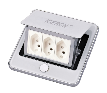 IP44 Waterproof Indoor Brazilian Dustproof Pop-Up Floor Socket with Black Tempered Glass Panel and Top Tank Silver Finish