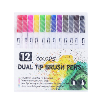 Dual Brush Marker Pen Set: 12 Colored Fine Tip and Brush Highlighters