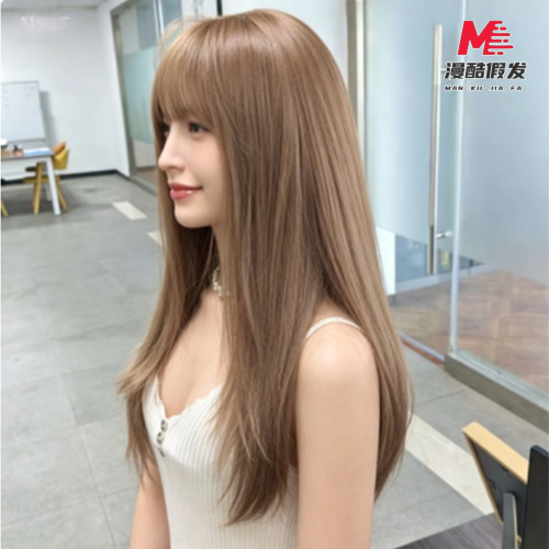 Warm Light Brown Long Straight Synthetic Wig Bangs 3