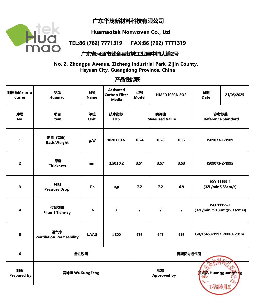 SO2 Air Pollution Control Activated Carbon Filter Media Cloth TDS