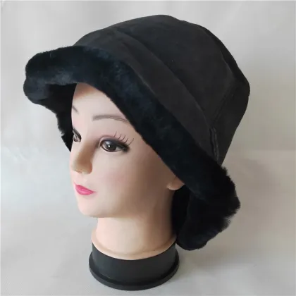 Women's Shearling Sheepskin Hat Winter Fur Bucket Beanie Hat