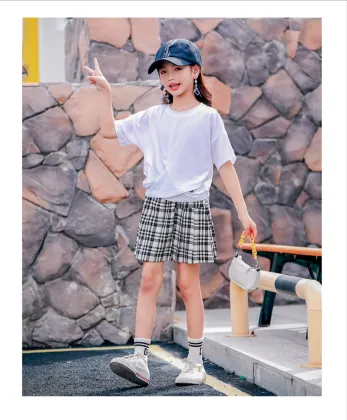 2021 New White Short Sleeve Top Plaid Strap Skirt Children Clothes Kids Dresses Girls Clothing Sets