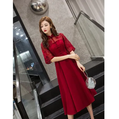 Vintage Red Bride Wedding Qipao Half Sleeve A-Line Lady Cheongsam Temperament Embroidery Elegant Banquet Cheongsam Vestidos