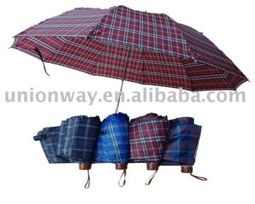 three folded umbrella, check fabric umbrella