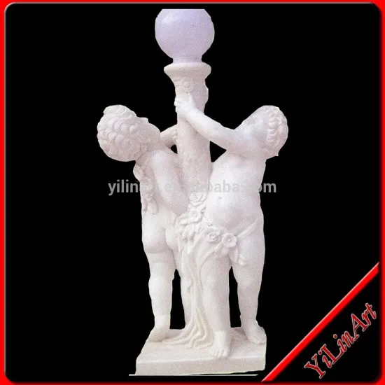 White Stone Children Statue With Light for Garden Decoration
