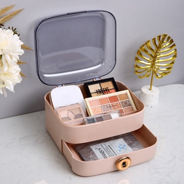 Organisateur de maquillage portable rose avec couverture sans poussière pour comptoir de salle de bain