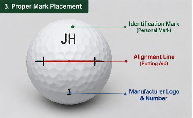 Golf ball showing separate positions for identification mark, alignment line, and manufacturer logo