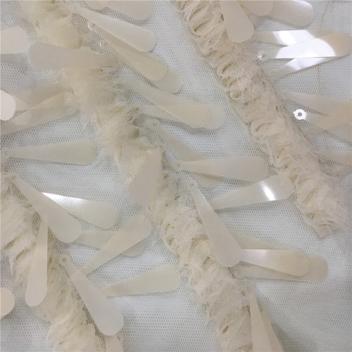 White Color 3D Sequin Embroidery On Mesh Fabric