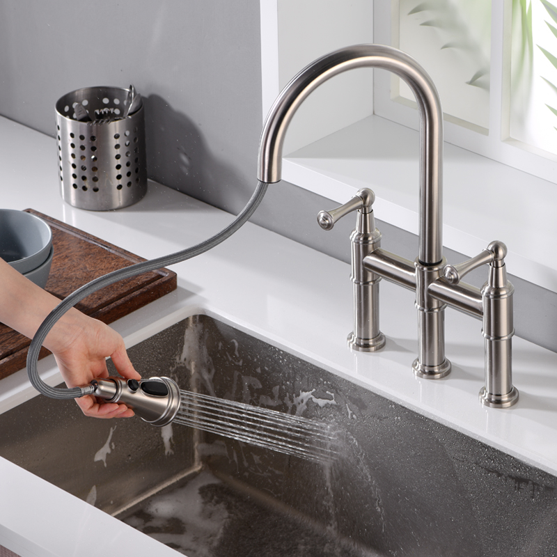 Double handle bridge pull down kitchen faucets