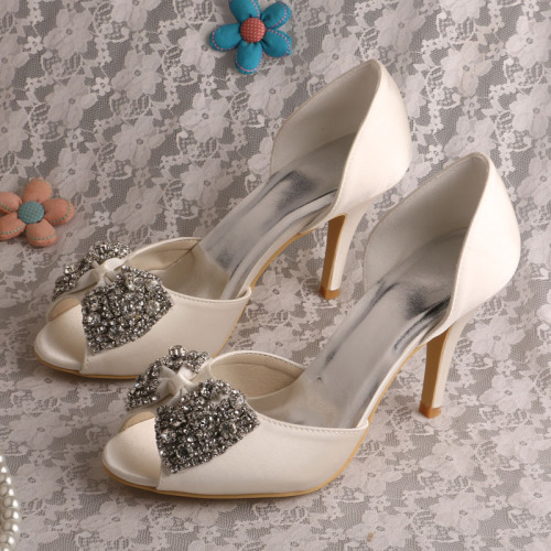 Rhinestone Ivory Peep Toe Heels för bröllop