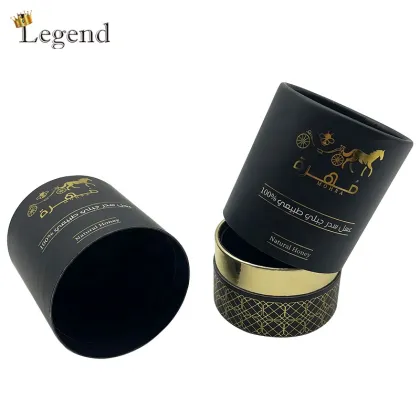 Custom Luxury Gold Logo Black Paper Tube Boxes for Honey Jars