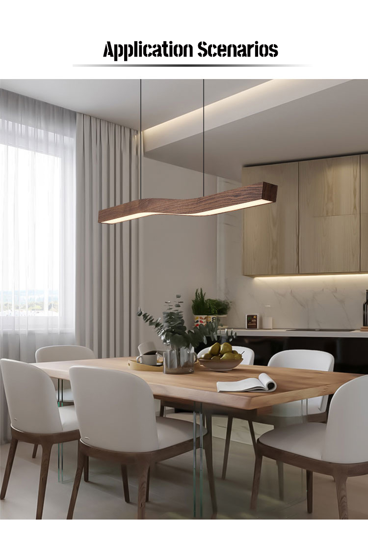 The pendant light features a sleek and curved linear design