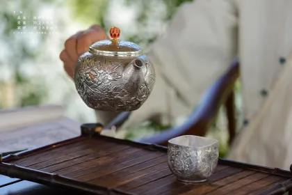 Hand Carved Longevity Pattern Silver Tea Scoop