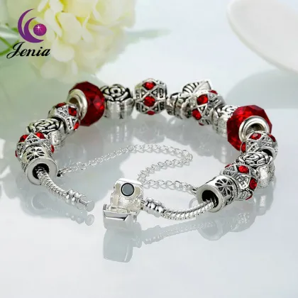 Jenia Fashion Zircon & Glass Bead Clasp Bracelet Women Gift Red Bead Bracelet