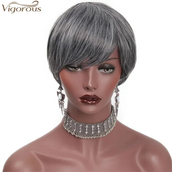 Vigorous Dark Grey Short Straight Hair Wigs with Inclined Bangs Synthetic Heat Resistant Fiber Black Gray Women Hair Wigs