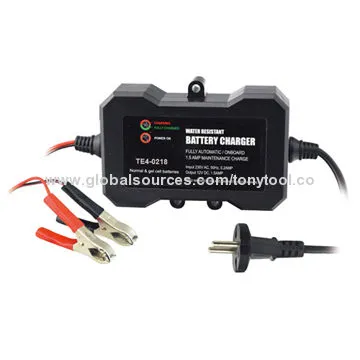 Electric battery charger, in -car use with reverse polarity, overcharge and short circuit protection