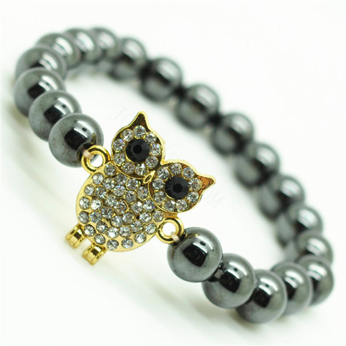 Hematite 8MM Perles rondes Stretch Bracelet de pierres précieuses avec Diamante alliage Owl Piece