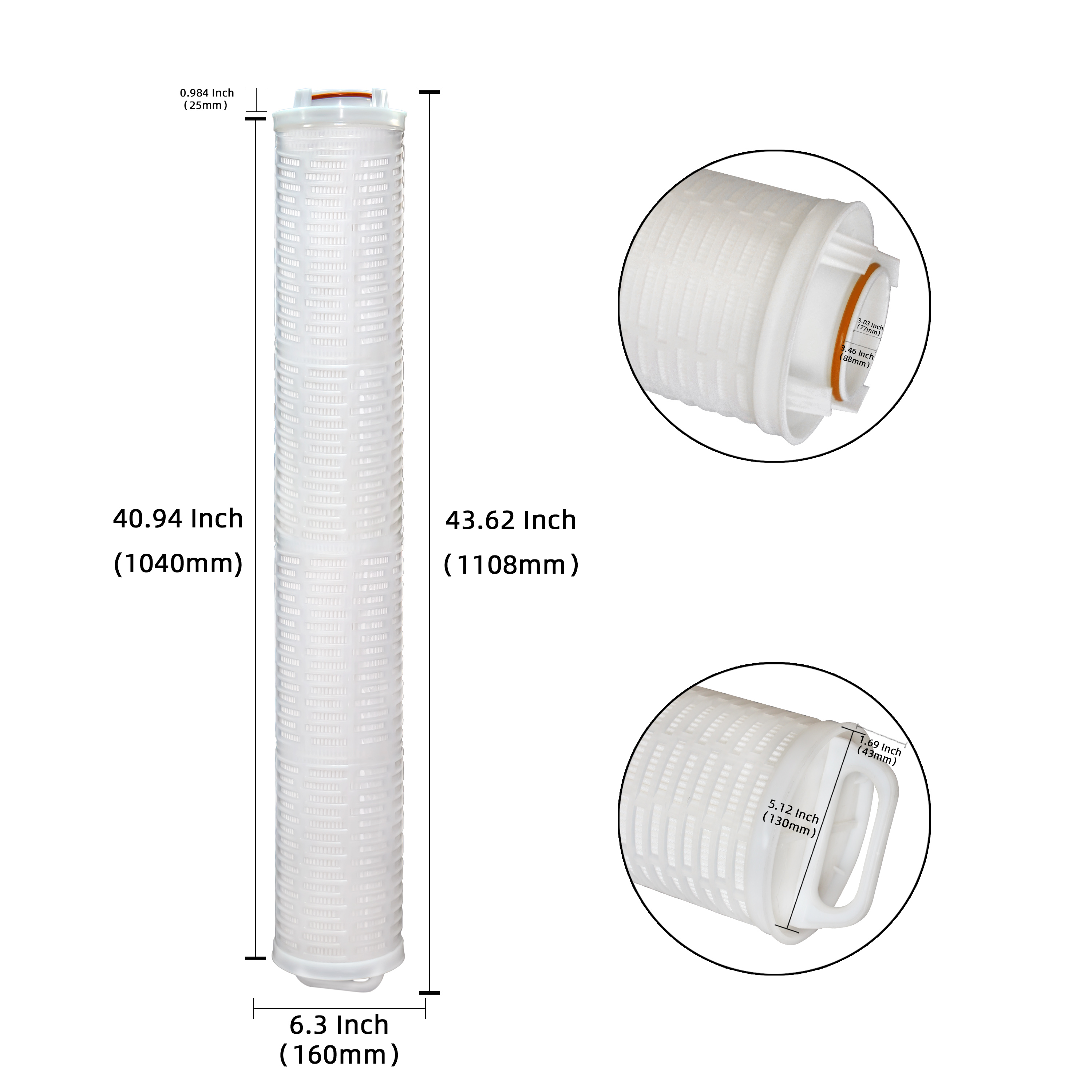 High flow ratepleated filter cartridge detail