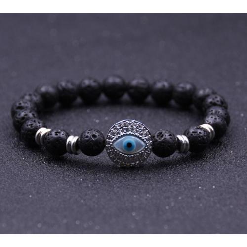 Silver Evil Eye Lava stone 8MM Round Beads Bracelet