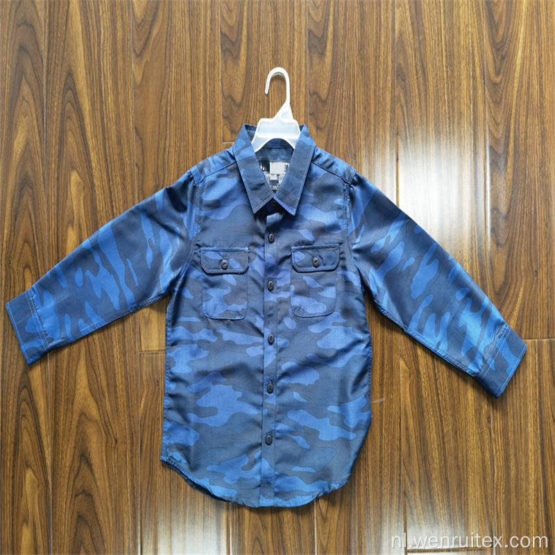 Kindershirt met lange mouwen en azuurblauwe reversprint voor kinderen