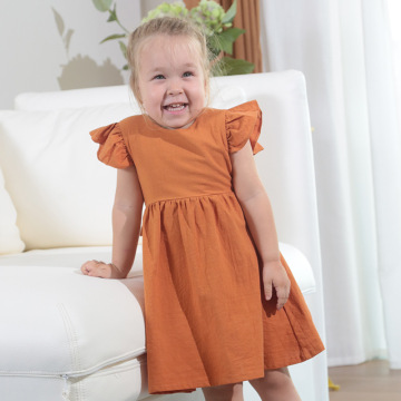 Girls' Cotton Linen Solid Color Bow Dress