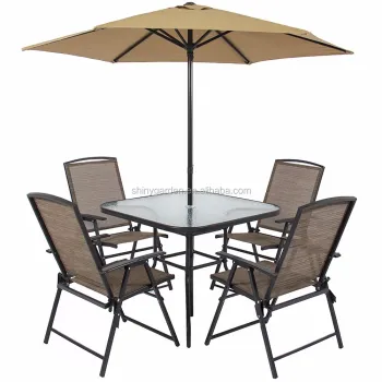 Patio Furniture Dining Set 6 Pieces with Umbrella Glass Top Table and 4 Chairs