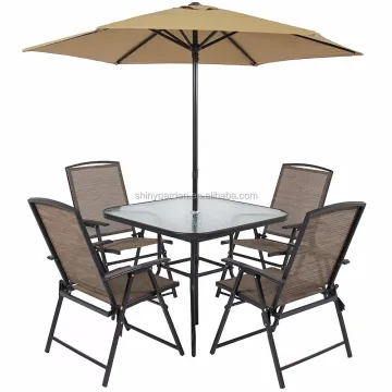 Patio Furniture Dining Set 6 Pieces with Umbrella Glass Top Table and 4 Chairs