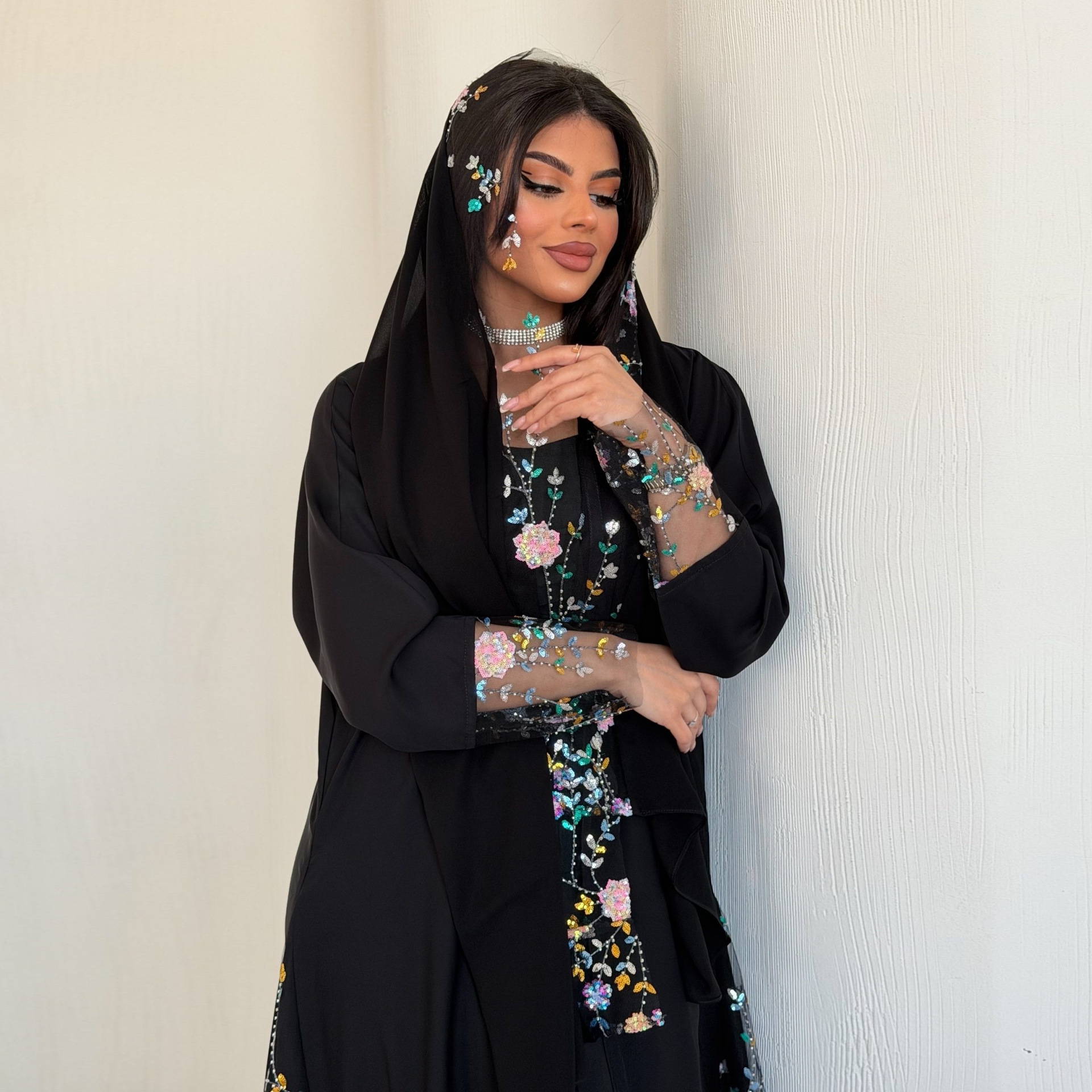 Floral Embroidery Open Abaya with Headscarf (3)