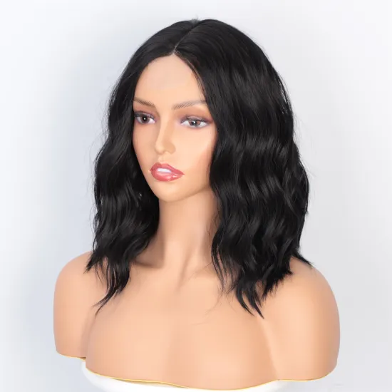Vigorous High Temperature 14 Inches Short Synthetic Wavy Black Color Middle Part Lace Wigs for Black Women Wholesale Price