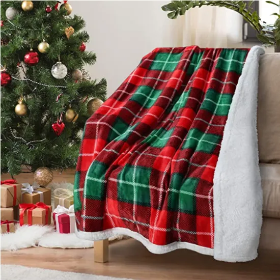 Red Buffalo Plaid Christmas TV Sherpa Blanket Super Soft Warm Comfy Plush Fleece Decorative Blanket