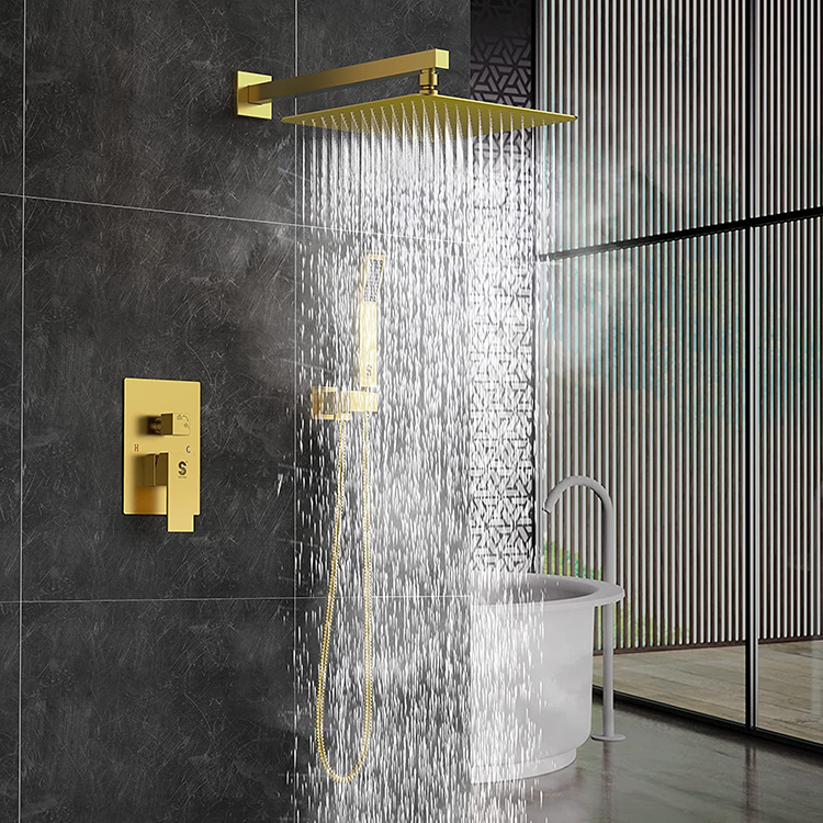 Brushed Gold Top Rainfall Faucet Shower Head Set