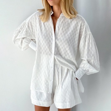 2024 Sommer Lose Langarm Shirt &amp; Shorts zweiteilige Set - Frauen im hawaiianischen Frauen im Frauenstil Casual Jacquard Anzug