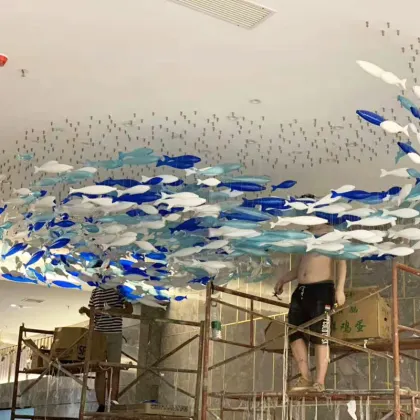 Blue Ocean Glass Chandelier: Modern Art Fish Glass Pendant Lights for Hotel Lobby