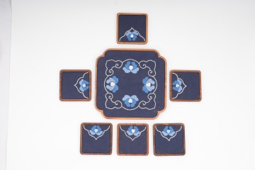 Yi Embroidered Wooden Tea Tray Coaster Set
