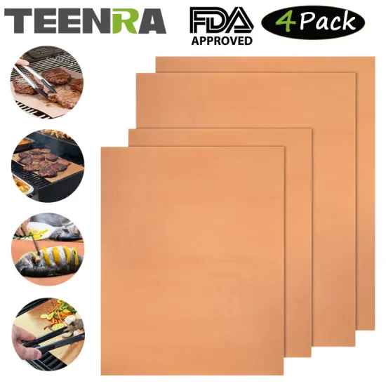TEENRA 4Pcs Golden Non-stick BBQ Grill Mat Barbecue Baking Liner Baking Mat Sheets Heat-resistant BBQ Mat Bakeware