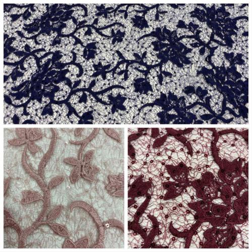 Dark Bule 3D Flower Sequin Embroidery Fabric