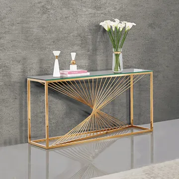 Gold Console Table with French Metal Legs and Glass Top