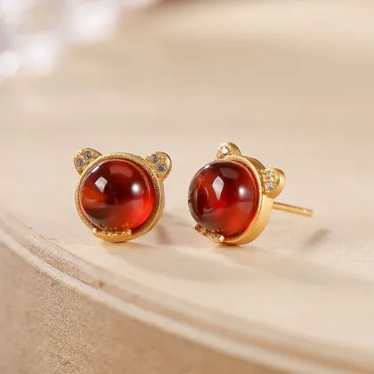 Natural Garnet Personalized Little Bear Versatile Earrings