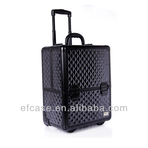 BLACK DIAMOND PATTERN PROFESSIONAL ALUMINUM MAKEUP COSMETIC TROLLEY CASE WITH WHEELS