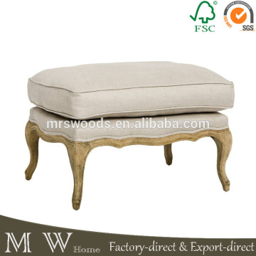 vintage french solid oak wood leg linen upholstered fabric ottoman
