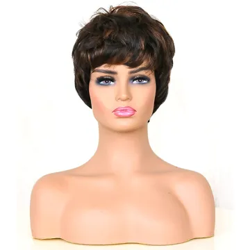 Whosale price short cut pixie wigs Ombre colored synthetic hair wigs with bangs for women