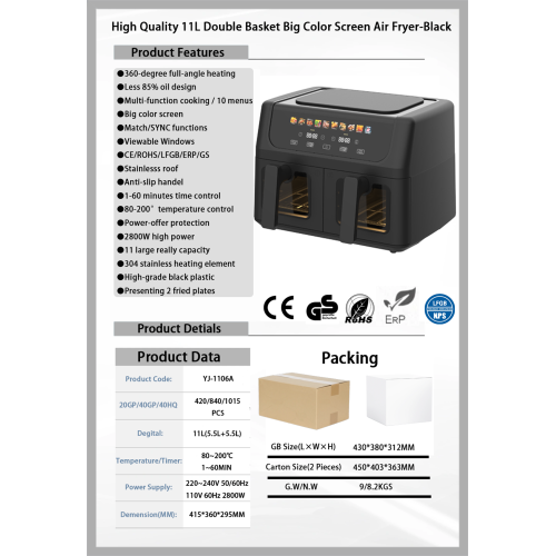 Digital Air Fryer with Double Basket and 10 Menus