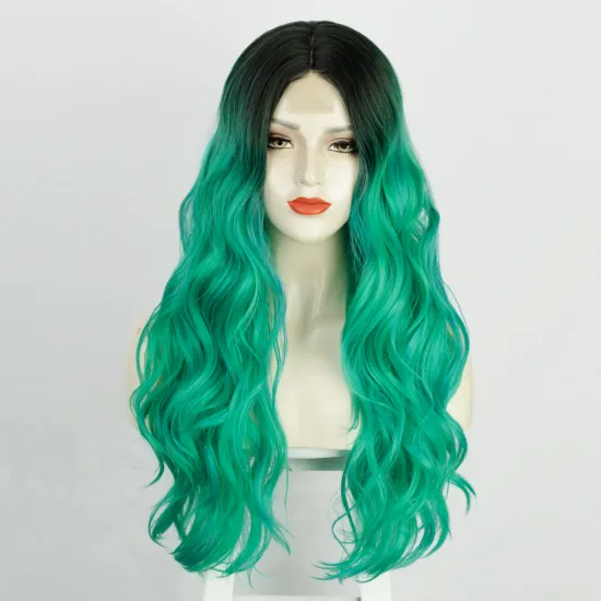 Vigorous Cheap Vendor Ombre Swiss Lace Synthetic Hair Wholesale Cosplay Long Curly Body Wave Green Black Women Lace Front Wigs