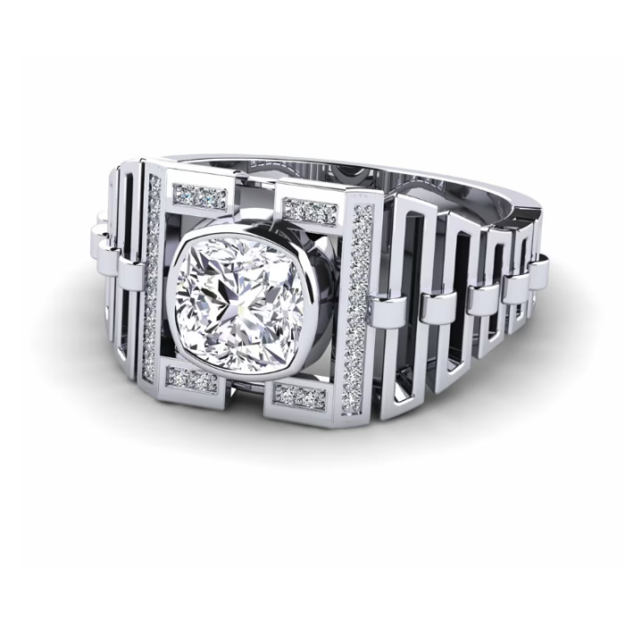 Vista frontal del anillo geométrico para hombre FLR-149 con centro enmarcado y hombros calados